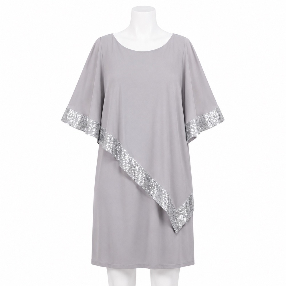Midnight Velvet Sheath Dress Womens 12 Gray Sequin Asymmetrical‎ Overlay Capelet